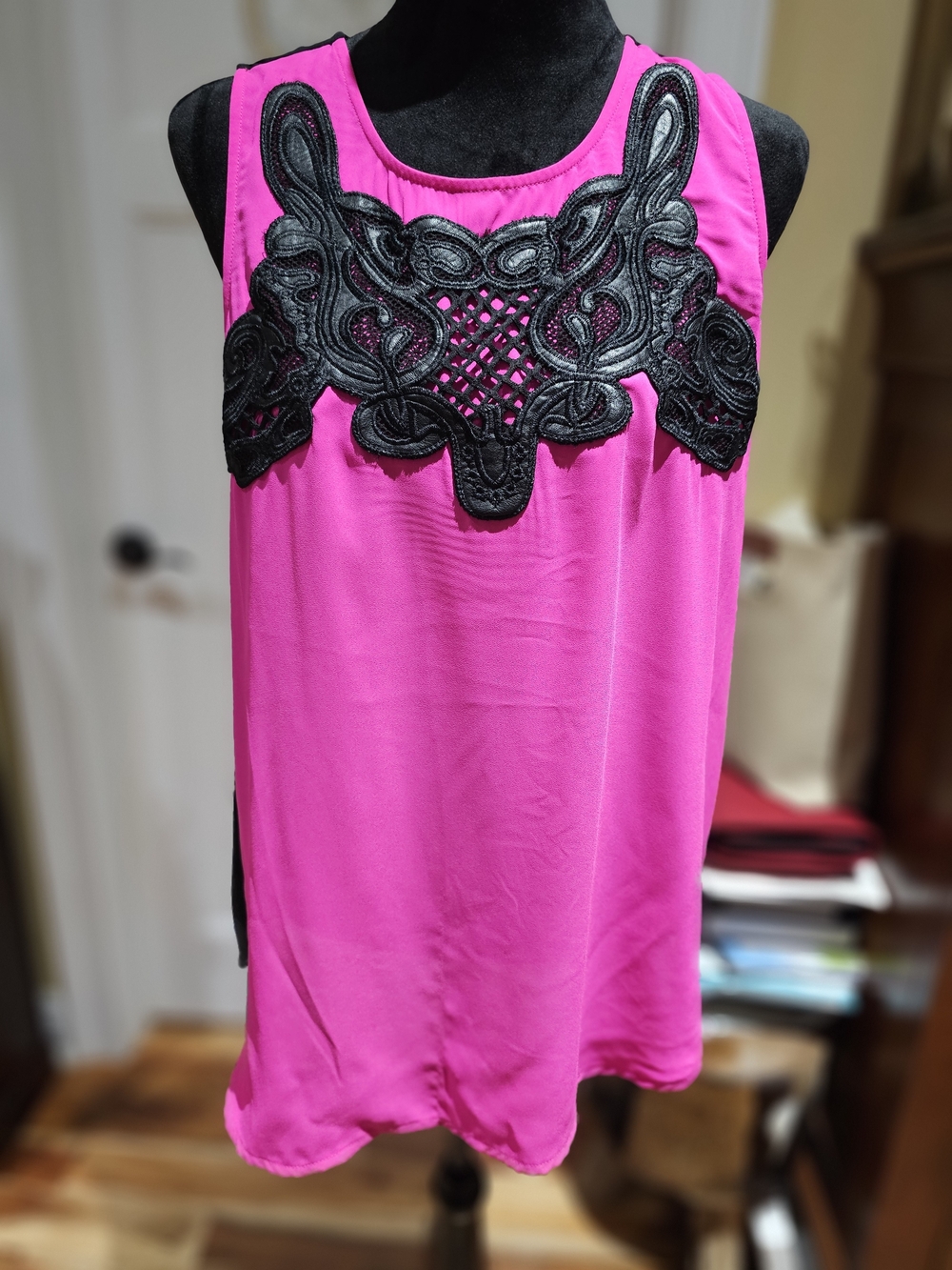 XOXO Hot Pink Tank Top with Black Lace Applique